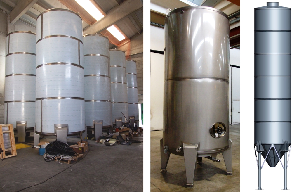 Serbatoi e silos in acciao inox e in acciaio al carbonio, semplici o con circuito di raffreddamento/...